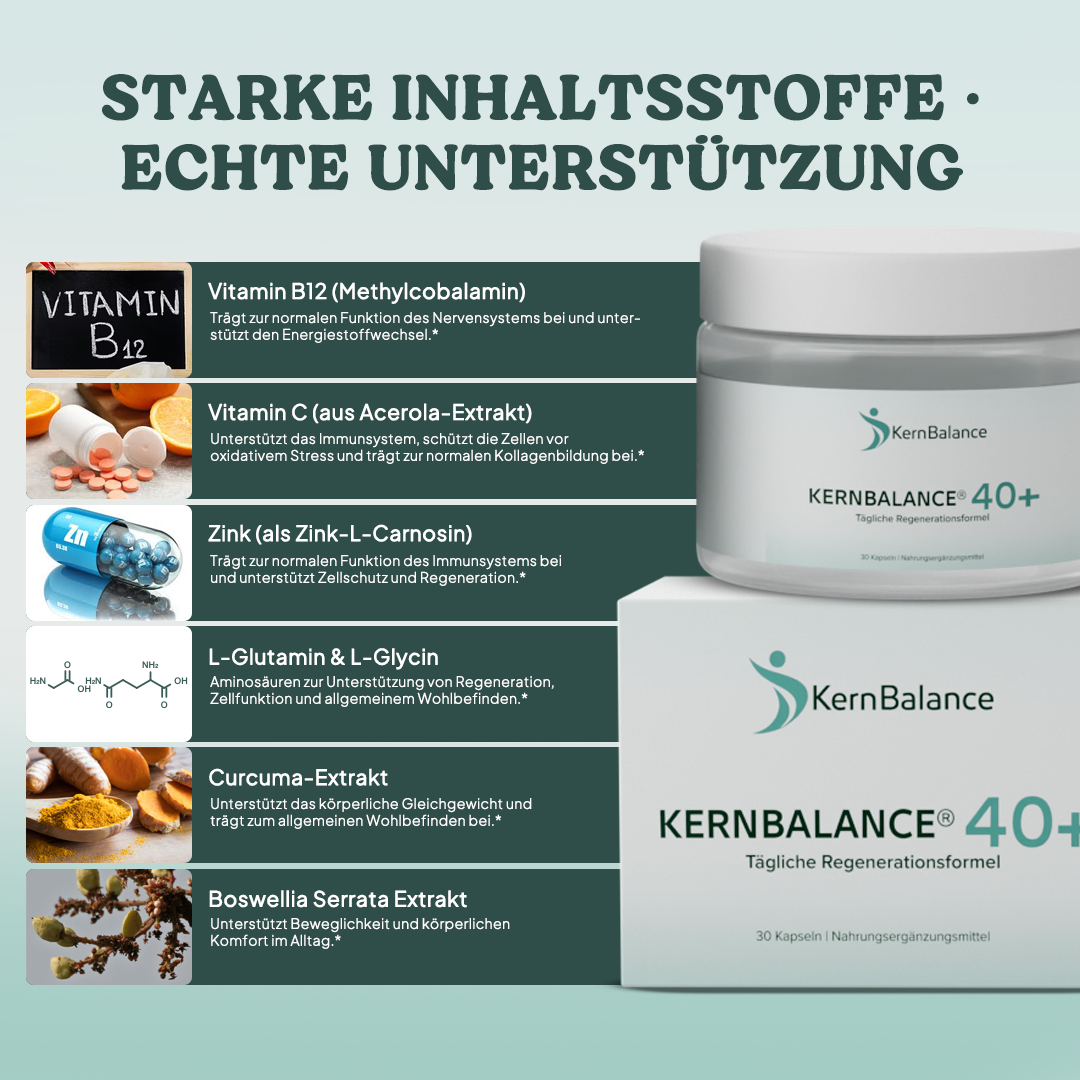 Inhaltsstoffe von KERNBALANCE 40+: Vitamin B12, Vitamin C aus Acerola, Zink-L-Carnosin, L-Glutamin und L-Glycin, Curcuma-Extrakt, Boswellia Serrata